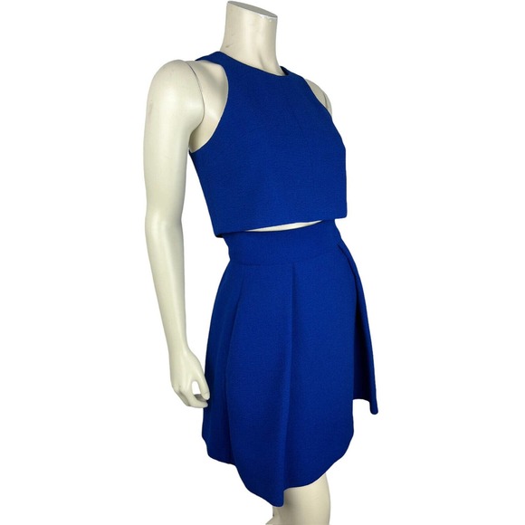 Black Halo Blue 2 Pc Mini Dress 0 Sanibel Skirt Set Pockets Crop Top Pleated - Picture 2 of 12